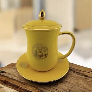 Auratic China Lidded Tea Mug Set Yellow With Tiger Motif in Gold